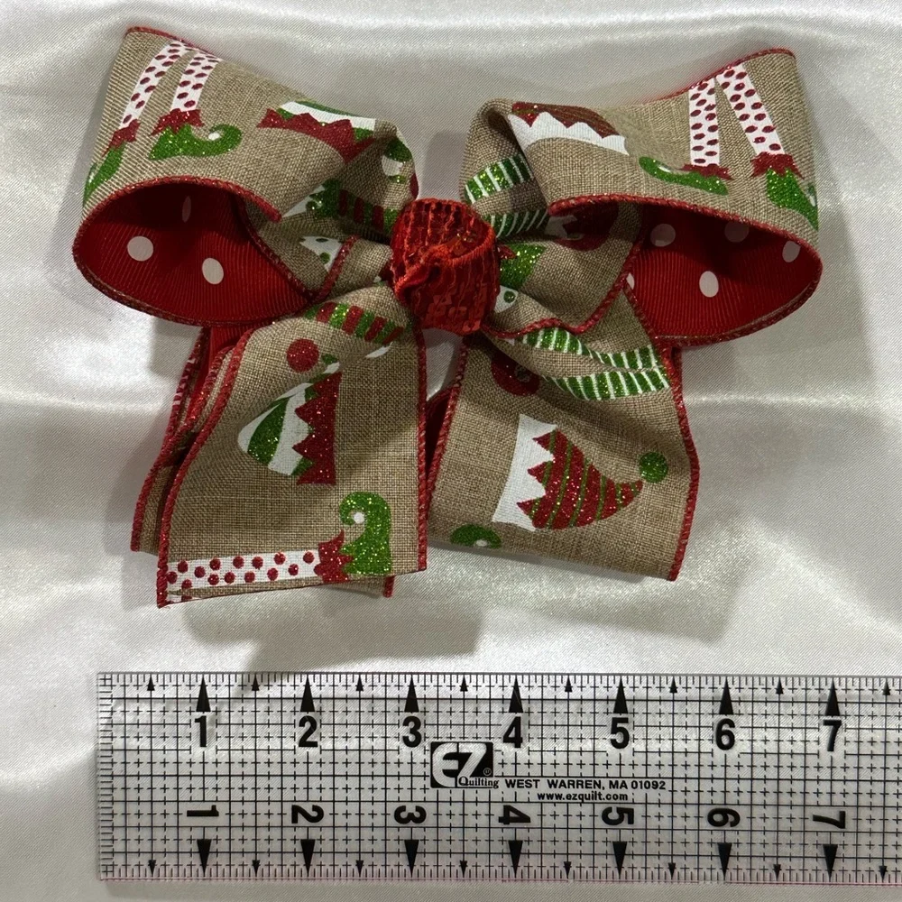 Holiday Elf Print Red & Tan Hair Bow. Bundle 2+ for savings on shipping costs
